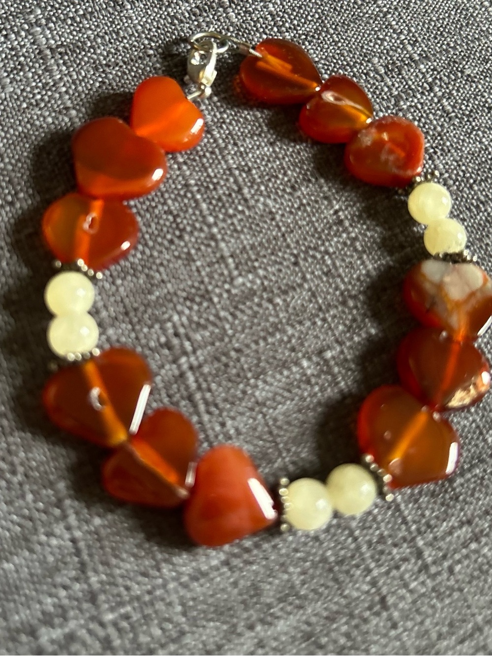 Hand Crafted Heart shaped Bracelet Carnelian, Calcite & Silver